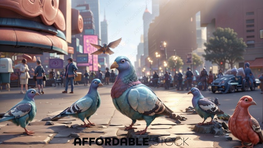 Colorful Pigeons in a Stylized Urban Scene