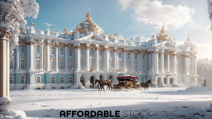 Winter Scene with Horse-Drawn Carriage and Ornate Palace