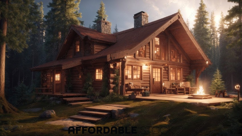 Cozy Log Cabin in Forest at Twilight