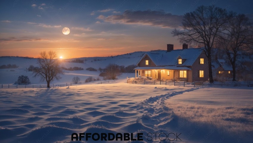 Winter Sunset and Snowy Countryside House