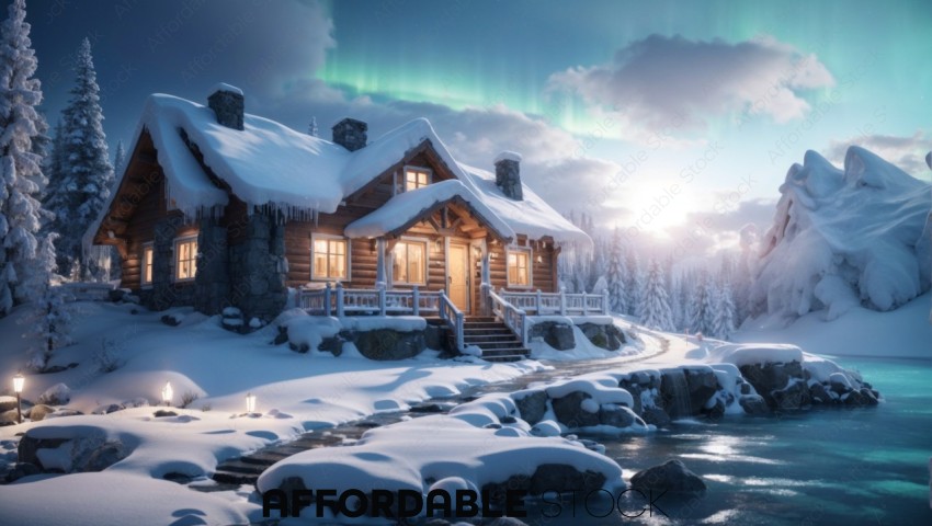 Snowy Winter Cabin with Northern Lights