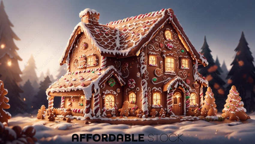 Gingerbread House in a Snowy Landscape