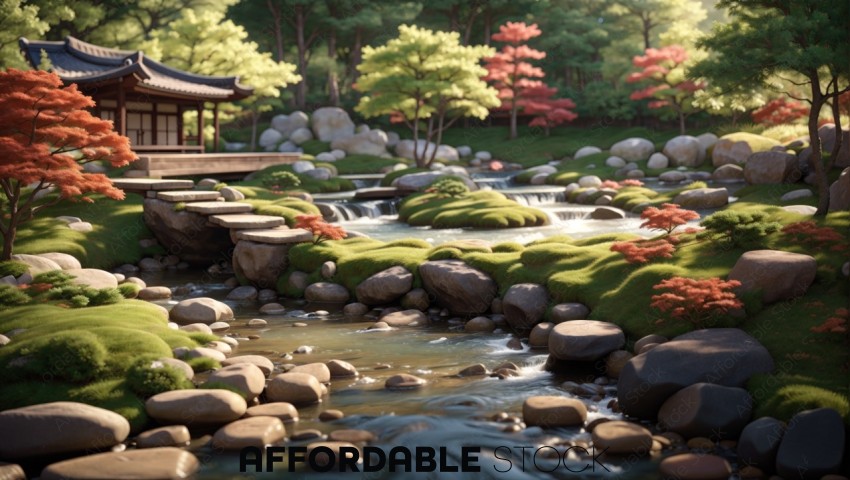 Tranquil Japanese Garden with Stepping Stones