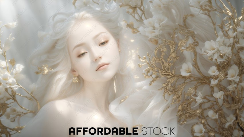 Ethereal Woman Surrounded by Golden Floral Elements
