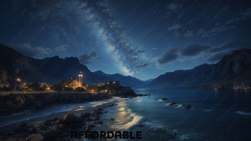 Nighttime Seascape with Milky Way and Lighthouse