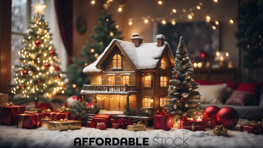 Christmas Living Room Decoration with Model House