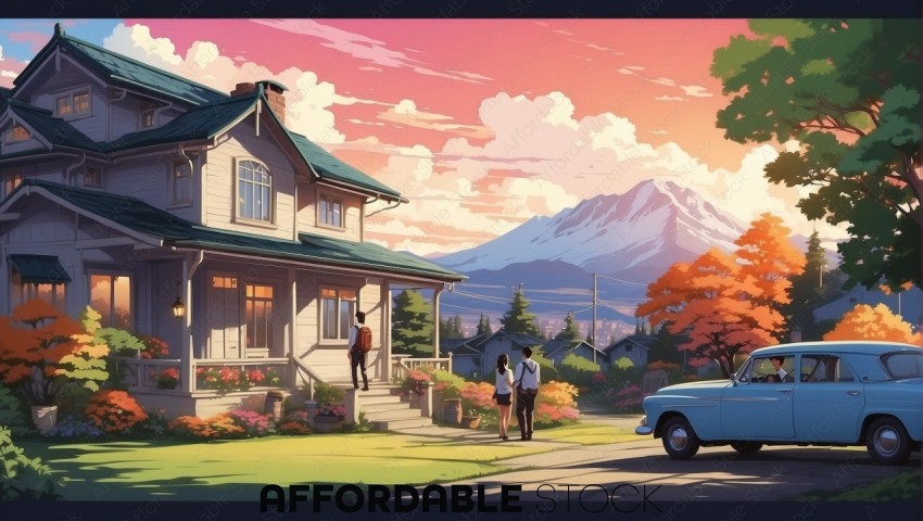 Animated Suburban Home at Sunset