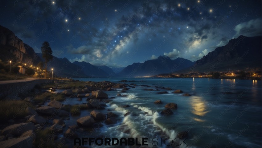 Starry Night over Mountainous Coastal Town