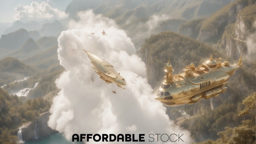 Steampunk Airships in Mountainous Landscape