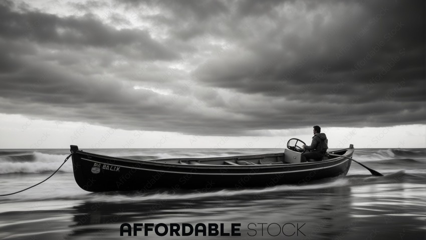 Man Steering Boat on Turbulent Sea in Black and White