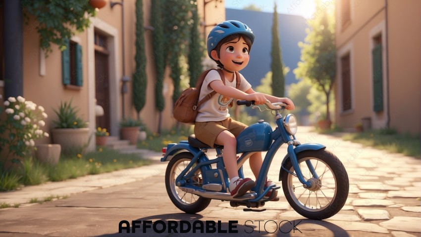 Animated Boy Riding Bicycle in Town