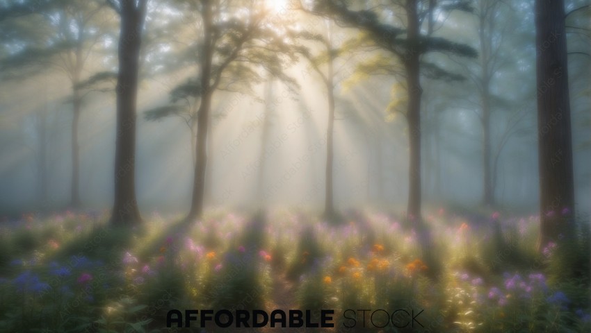 Sunlight Peering Through Misty Forest