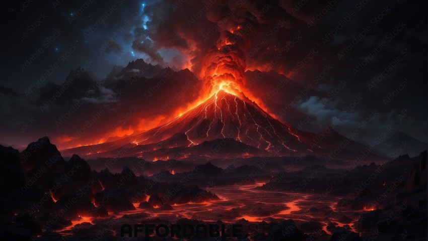 Erupting Volcano with Lava Flows at Night