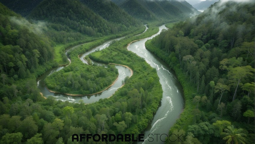 Aerial View of River Meandering Through Forest