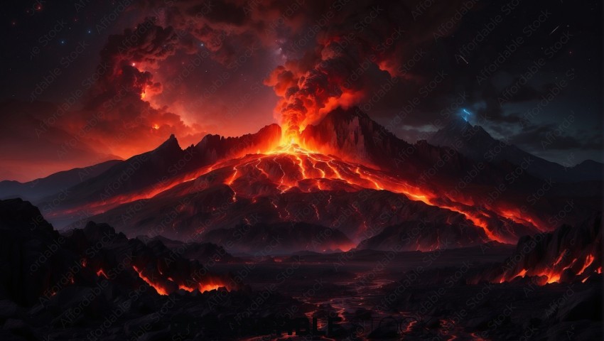 Dramatic Volcanic Eruption at Night