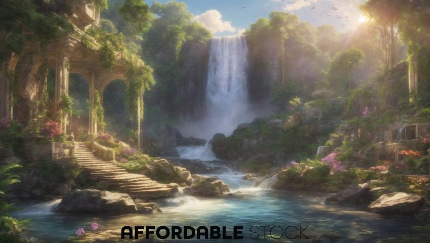 Enchanted Waterfall with Ancient Ruins