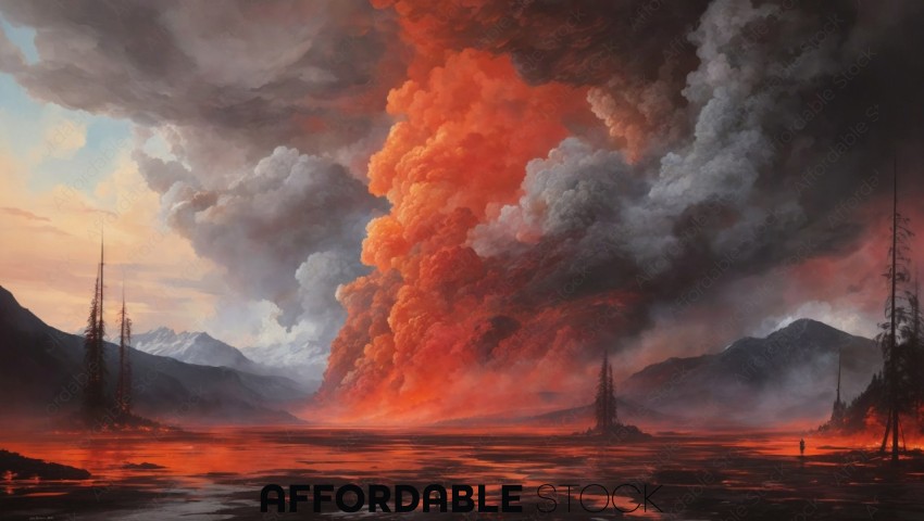 Dramatic Volcanic Eruption Landscape Painting