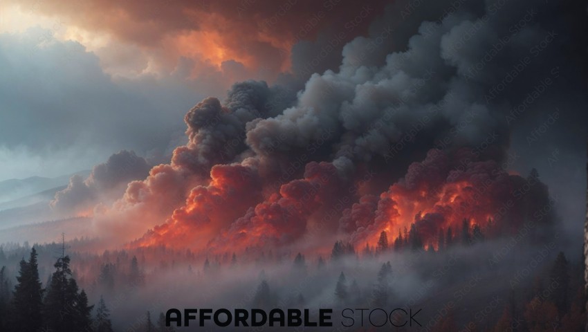 Forest Fire and Smoke Over Mountainous Landscape