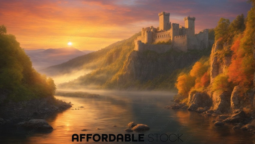 Autumn Castle at Sunrise Over Misty River