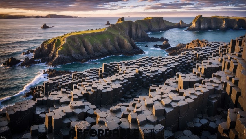 Sunset View of Geometric Basalt Columns by the Sea