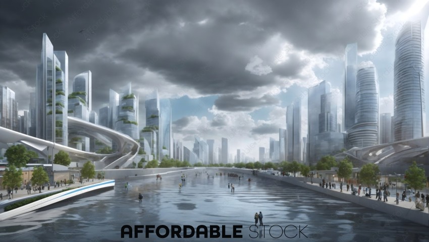 Futuristic Urban Cityscape with People by Waterfront