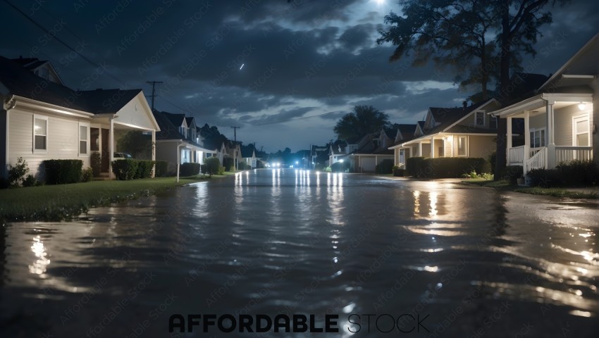 Residential Street Flooded at Night