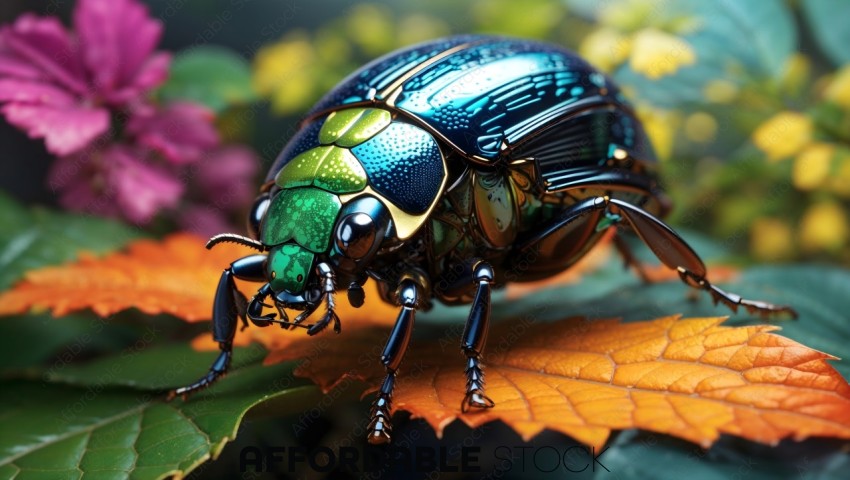 Vibrant Jewel Beetle on Leaves
