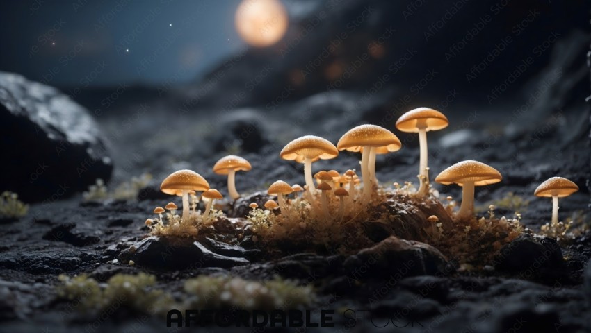 Glowing Mushrooms on Forest Floor at Night