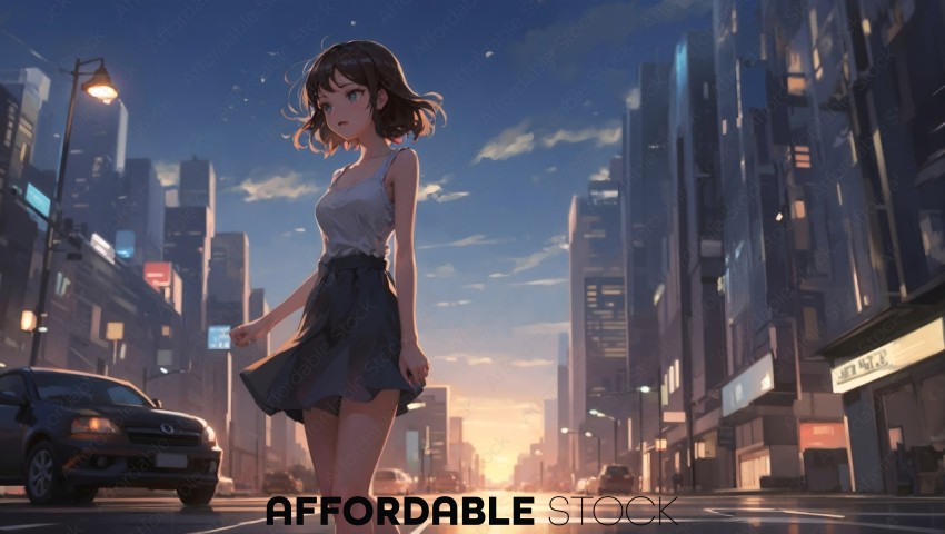 Animated Girl Walking in Urban Landscape at Sunset