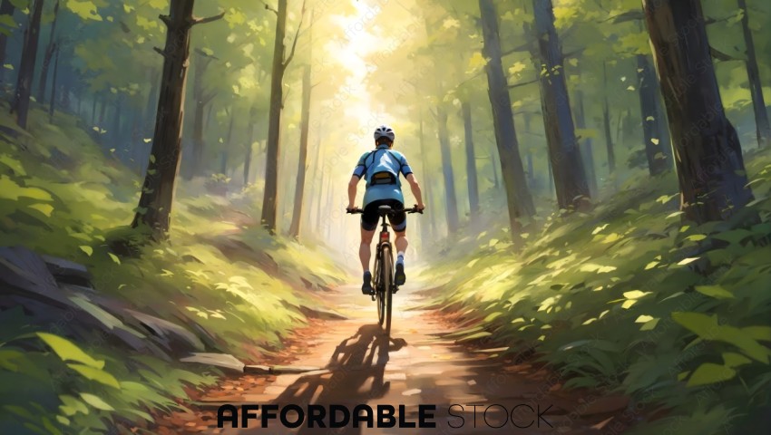 Cyclist Riding through Sunlit Forest