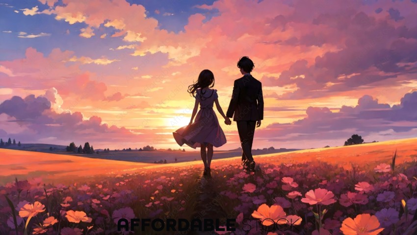 Couple Walking Through Vibrant Sunset Field