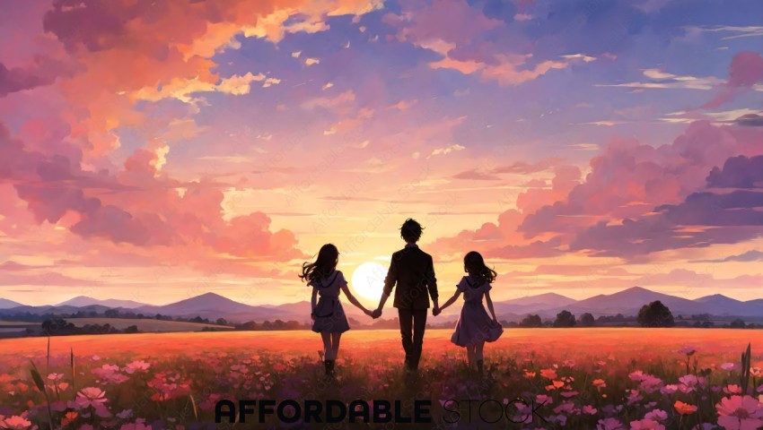 Family Holding Hands at Sunset in Flower Field