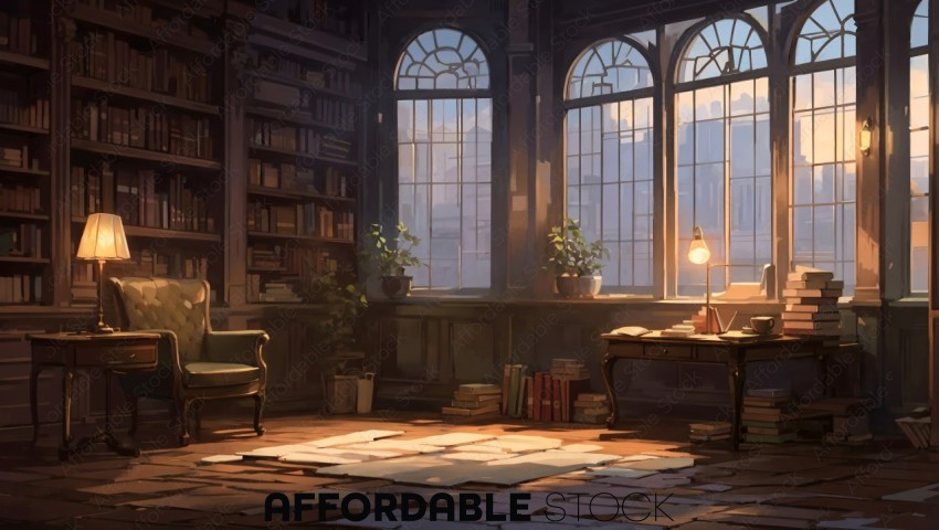 Cozy Vintage Library Interior at Sunset
