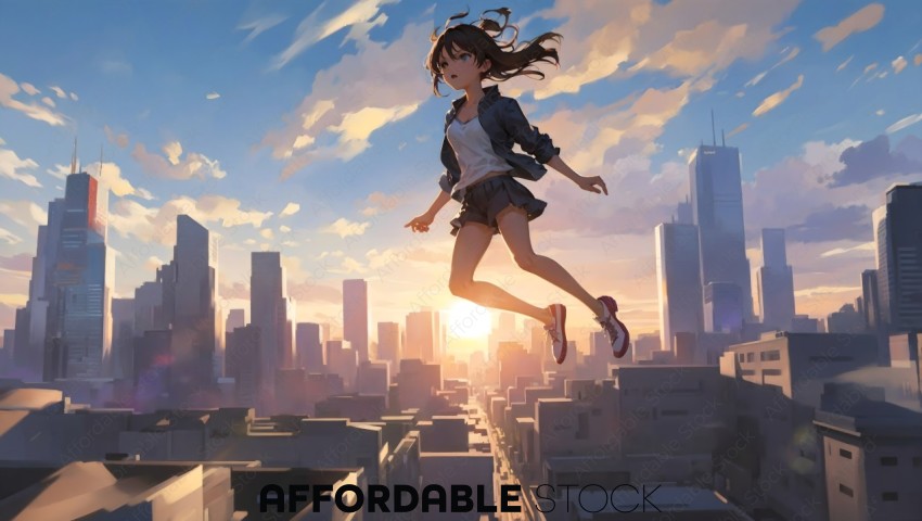 Anime Girl Floating Above City at Sunset