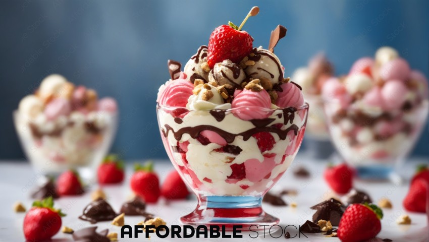 Strawberry Ice Cream Sundae with Chocolate Drizzle