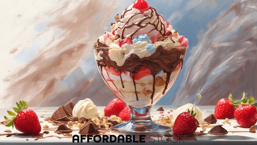 Digital Art of a Sundae with Strawberries and Chocolate
