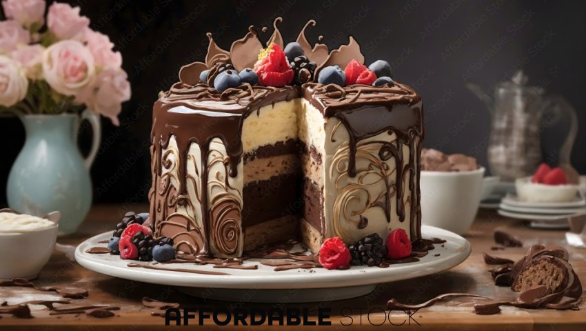 Chocolate Drizzled Layer Cake with Berries