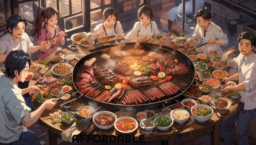 Animated Friends Enjoying Korean Barbecue Feast