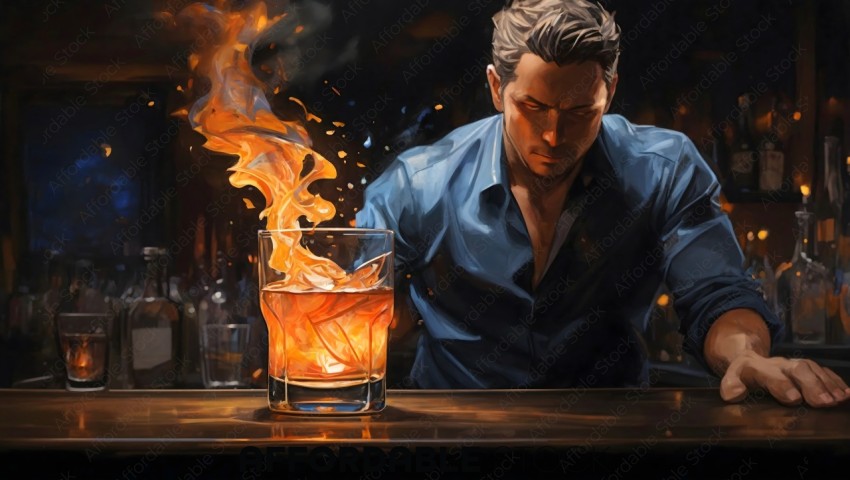 Flaming Cocktail and Bartender Digital Art