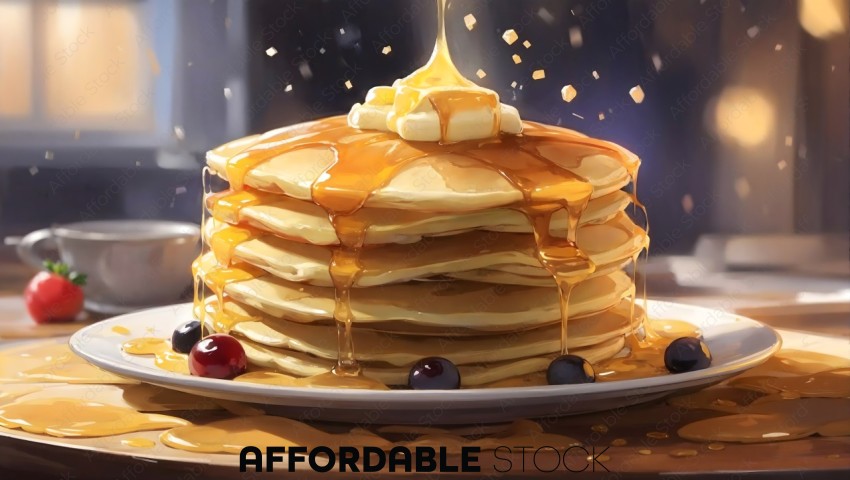 Stack of Pancakes with Syrup and Berries