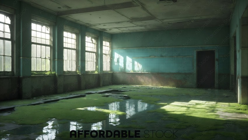Abandoned Industrial Building Interior with Overgrown Moss