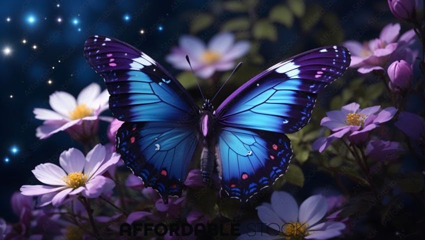 Blue Butterfly on Pink Flowers