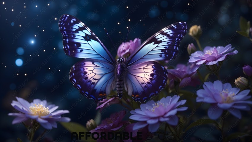 Iridescent Butterfly on Flowers at Night