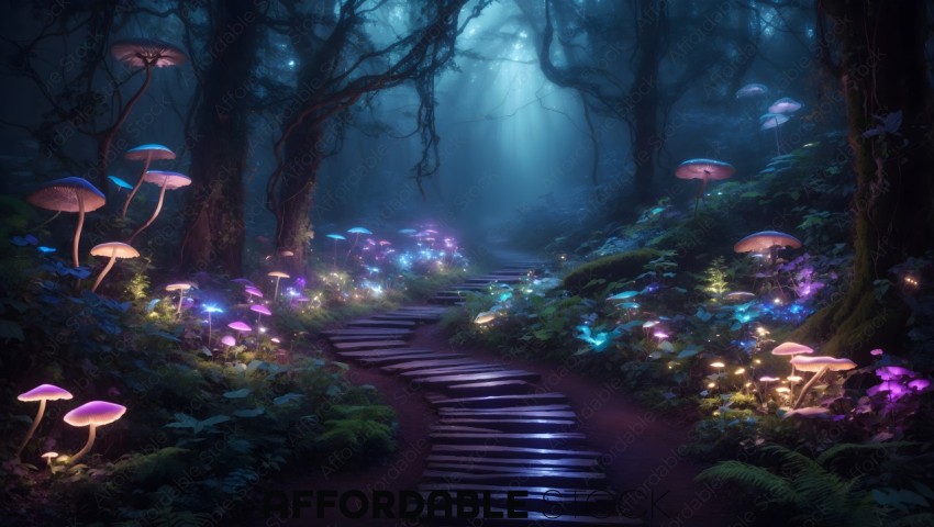 Enchanted Forest Pathway with Luminous Mushrooms
