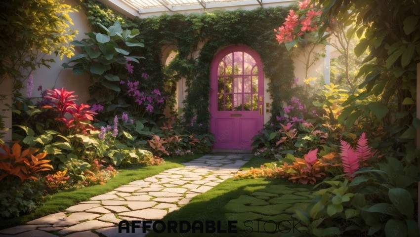 Enchanting Garden Pathway with Pink Door
