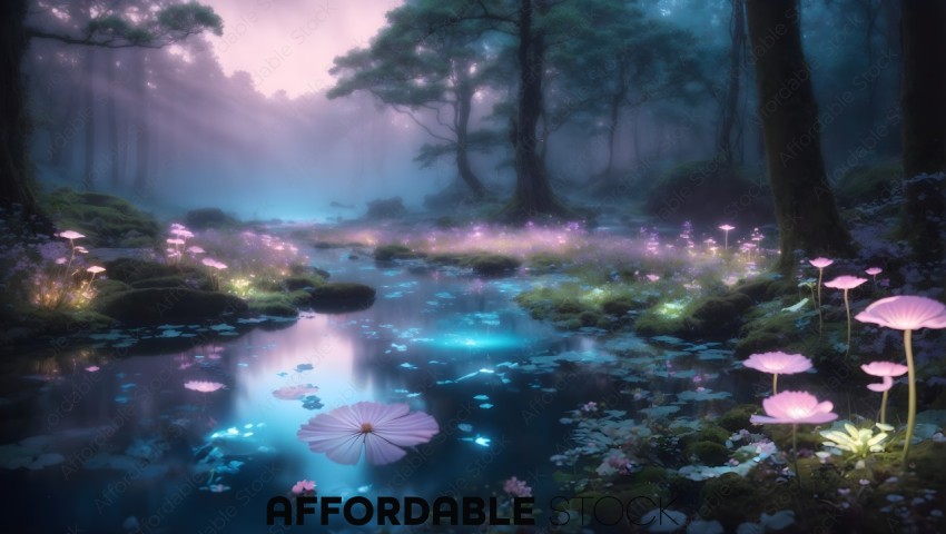 Enchanted Forest Stream with Bioluminescent Mushrooms