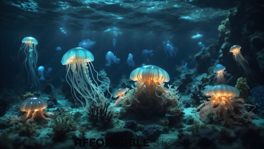 Underwater Seascape with Glowing Jellyfish