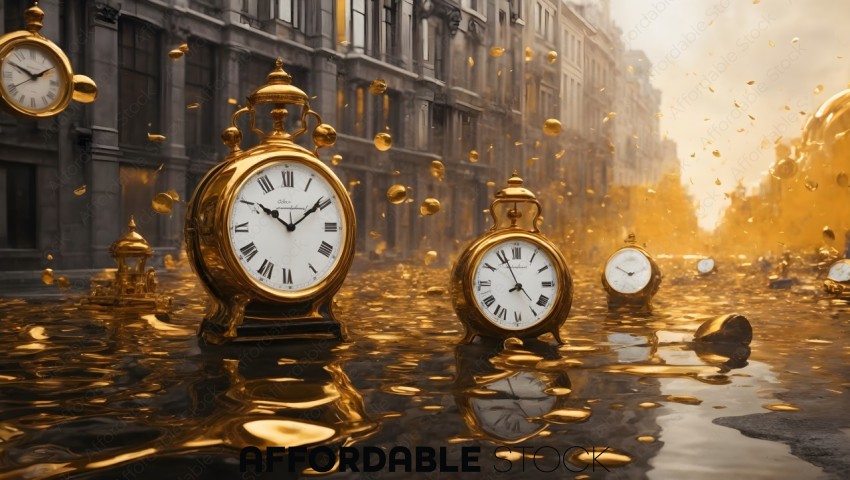 Golden Timepieces Floating in Urban Landscape