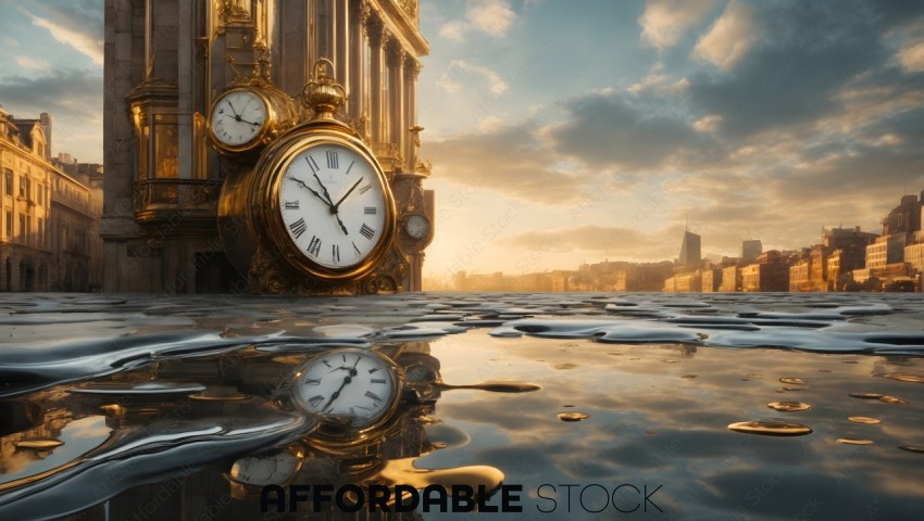 Golden Hour Cityscape with Oversized Clocks