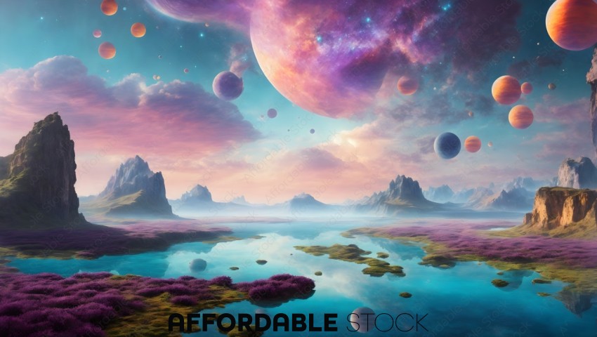 Alien Planet Landscape with Colorful Nebula and Moons